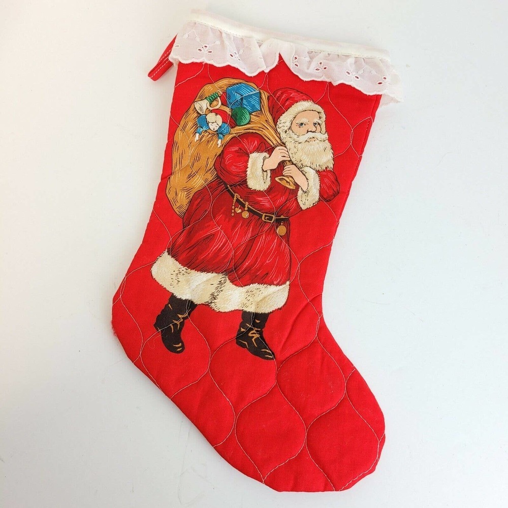 vtg quilted lace top christmas stocking santa red Saint Nicholas